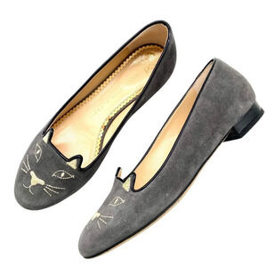 Charlotte Olympia Kitty Cat Gray Suede Flats Loafers, EU 38 US 7.5-8